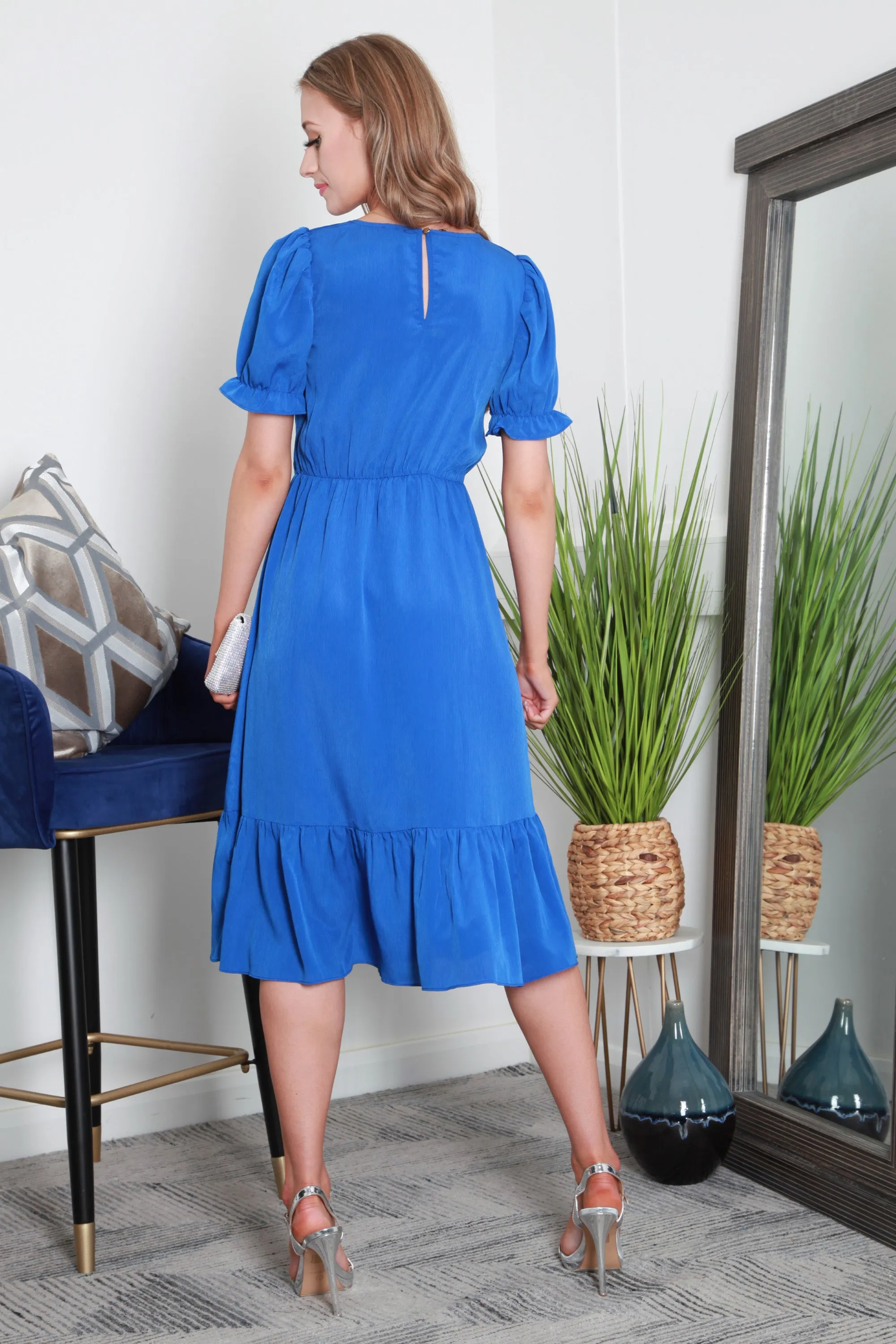 Blue Puff Sleeve Wrap Front Midi Dress by Double Second sold by Goddiva product image thumbnail 5