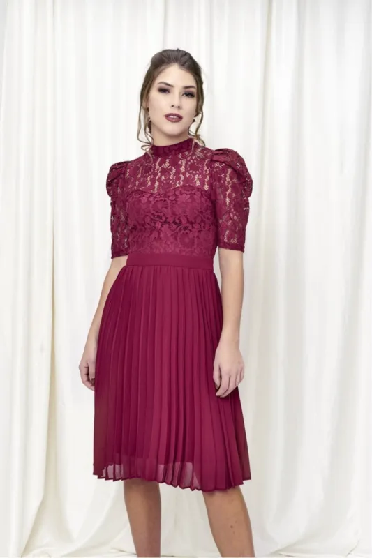 Red Pleated Lace Dress by Double Second sold by Goddiva