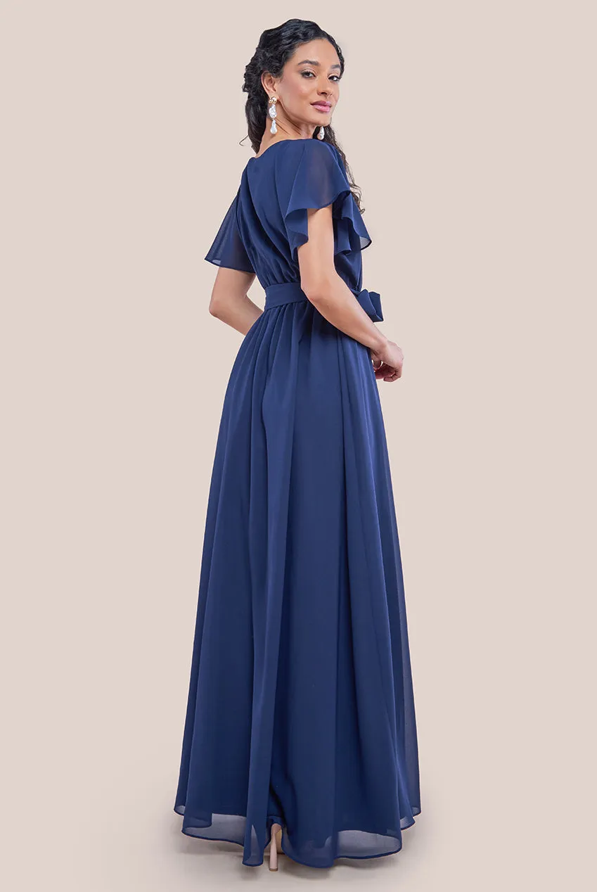 Goddiva Sustainable Chiffon Flutter Sleeve Wrap Maxi Dress - Navy sold by Goddiva product image thumbnail 2