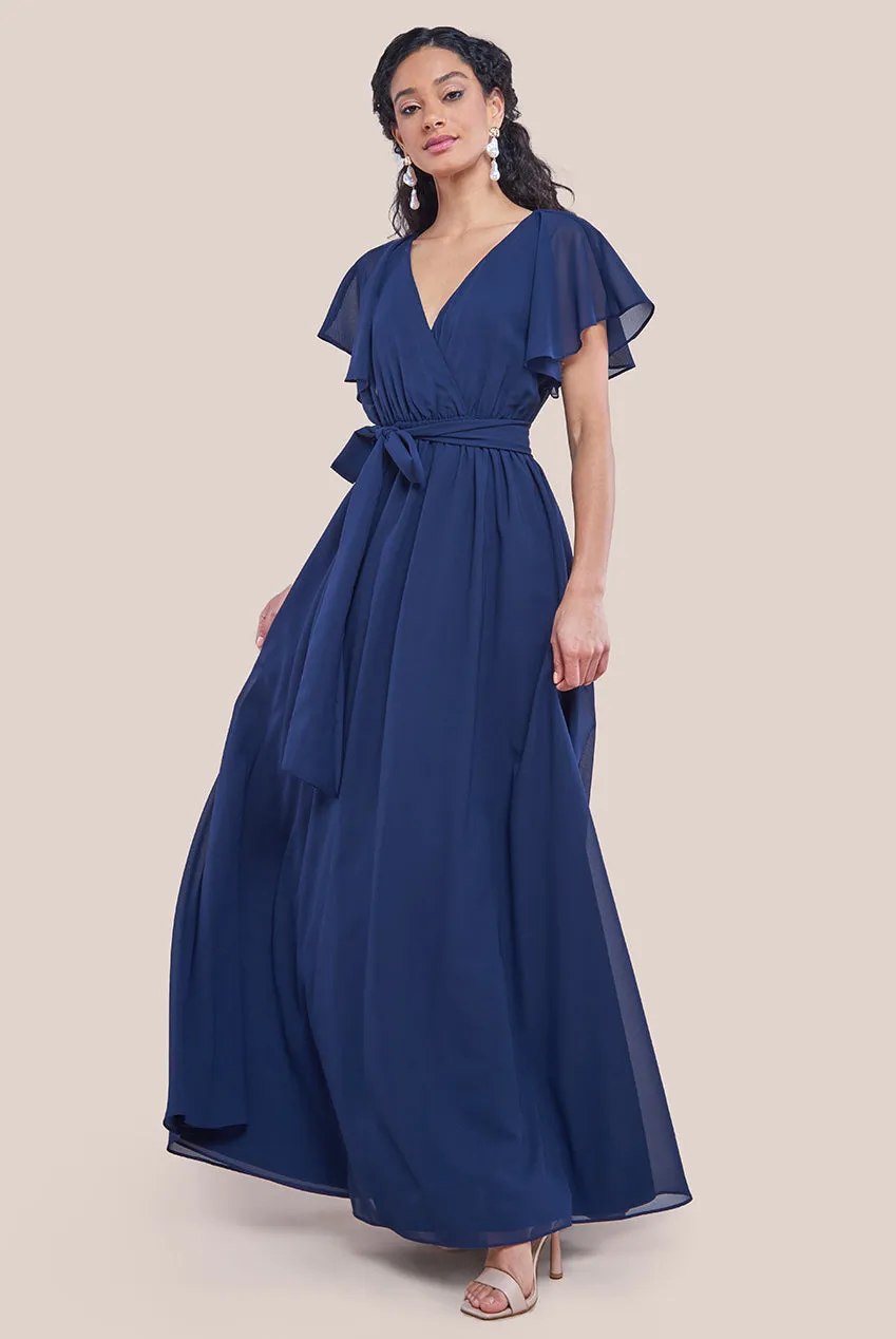 Goddiva Sustainable Chiffon Flutter Sleeve Wrap Maxi Dress - Navy sold by Goddiva