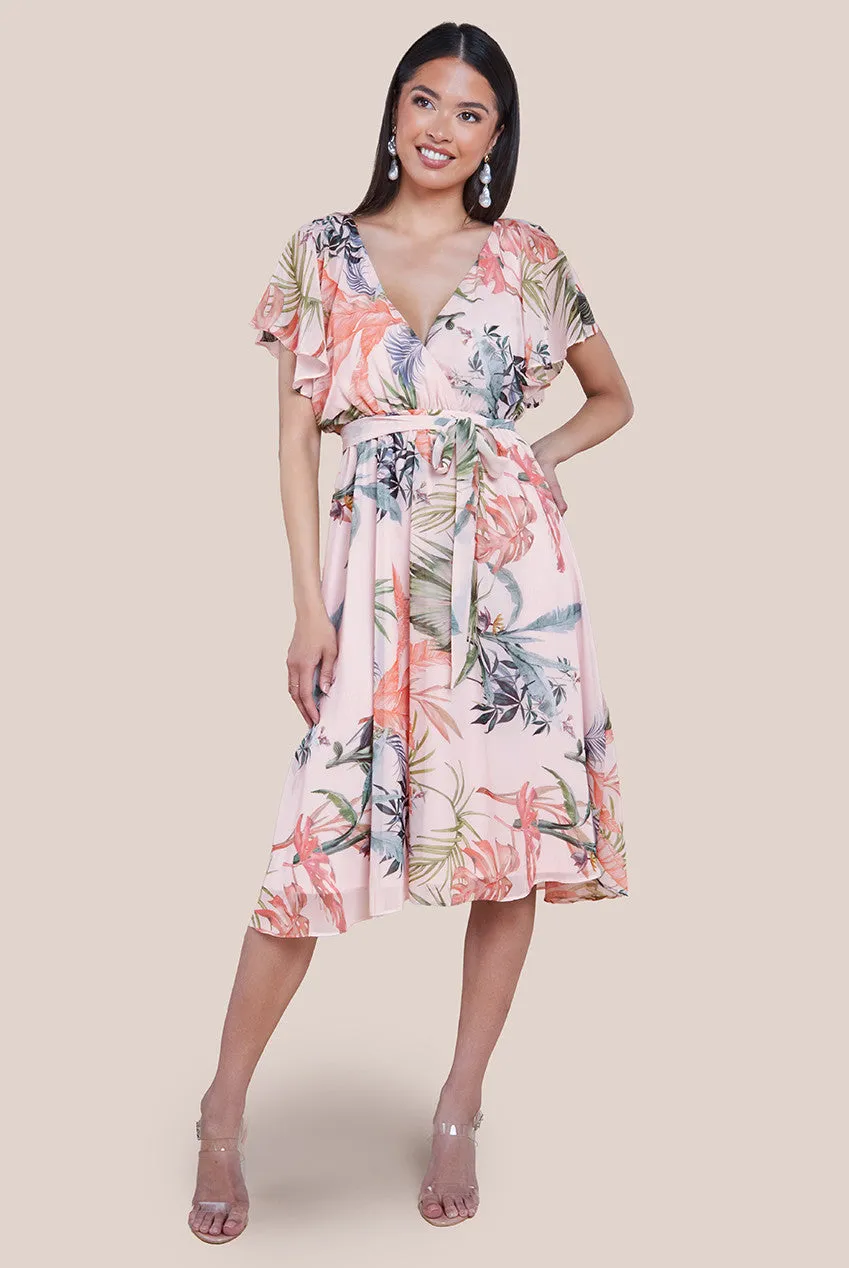 Goddiva Floral Printed Flutter Sleeve Chiffon Midi Dress - Off White sold by Goddiva