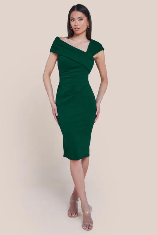 Scuba Crepe Pleated Drop Shoulder Midi Dress - Emerald Green by Goddiva sold by Goddiva