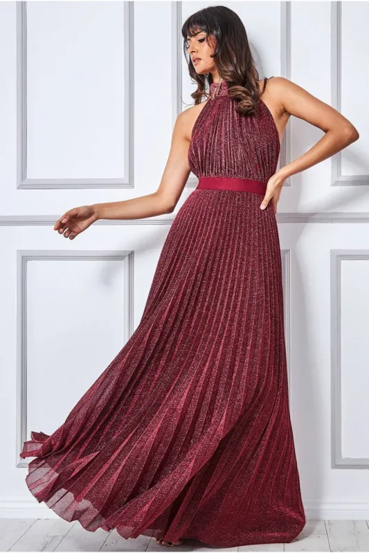 Lurex Halterneck Pleated Maxi Dress - Wine by Goddiva sold by Goddiva
