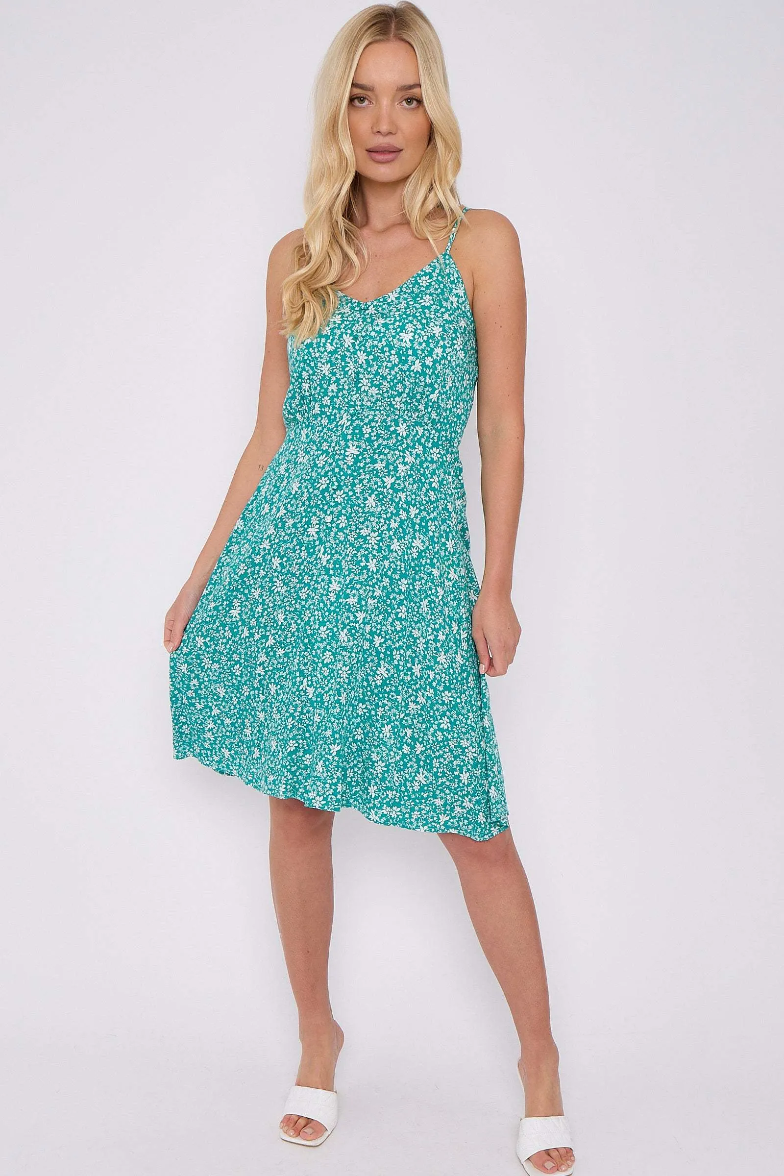 Green Floral Print Strap Mini Dress by LOVE SUNSHINE sold by Goddiva product image thumbnail 2