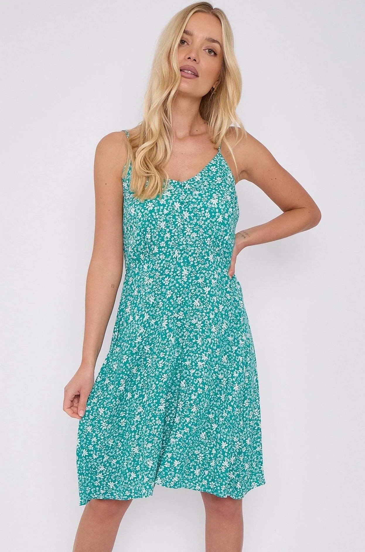 Green Floral Print Strap Mini Dress by LOVE SUNSHINE sold by Goddiva product image thumbnail 3