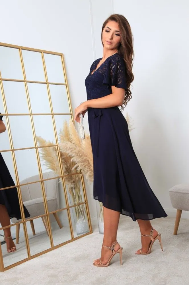 Double Second Navy Lace Wrap Front High Low Hem Dress sold by Goddiva product image thumbnail 4