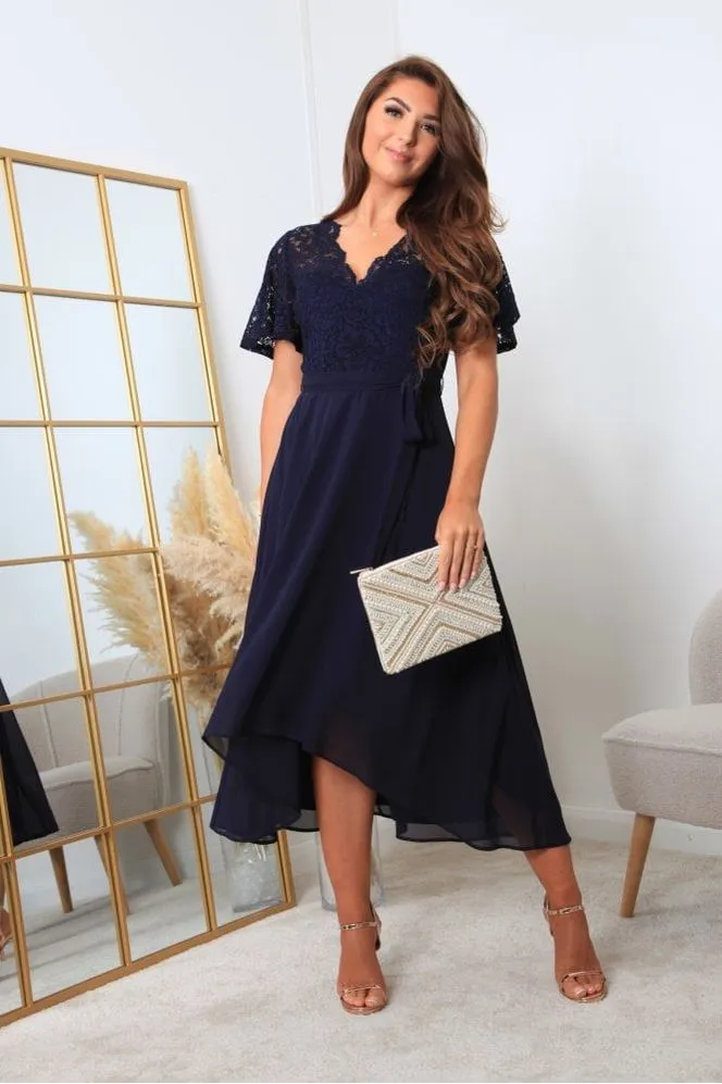 Double Second Navy Lace Wrap Front High Low Hem Dress sold by Goddiva product image thumbnail 5