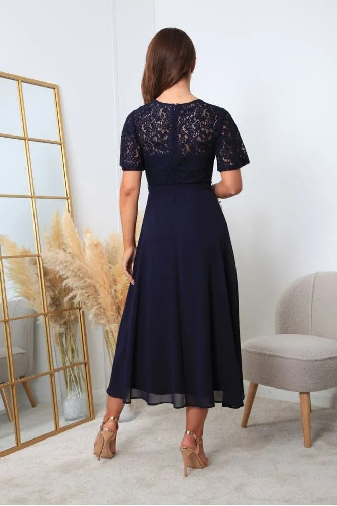 Double Second Navy Lace Wrap Front High Low Hem Dress sold by Goddiva product image thumbnail 2