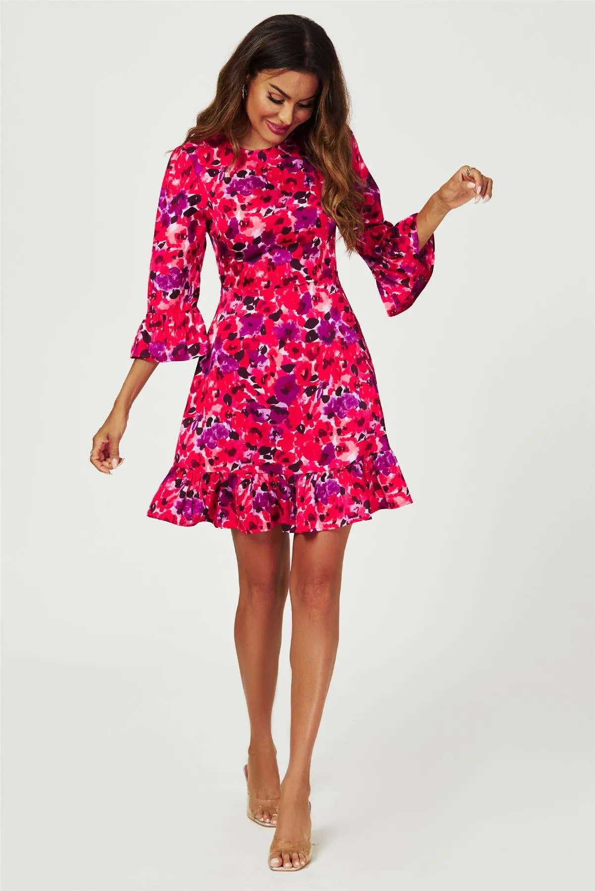 FS Collection Abstract Floral Print Mini Dress In Red sold by Goddiva