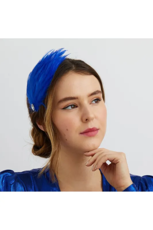 Blue Fascinator Headband Cobalt Blue With Feathers by QueenMee Accessories sold by Goddiva