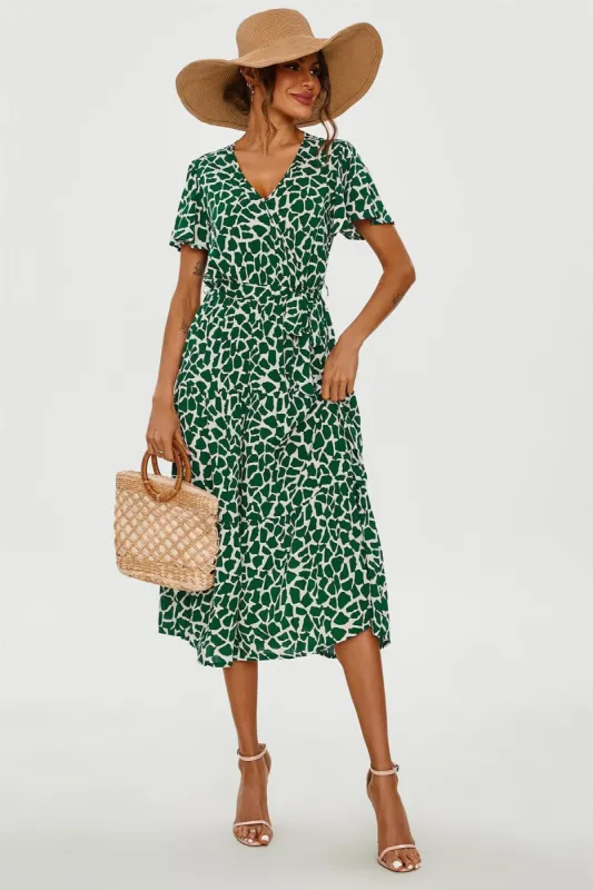 Geo Print Hem Tiered Wrap Midi Dress In Green by FS Collection made by Goddiva