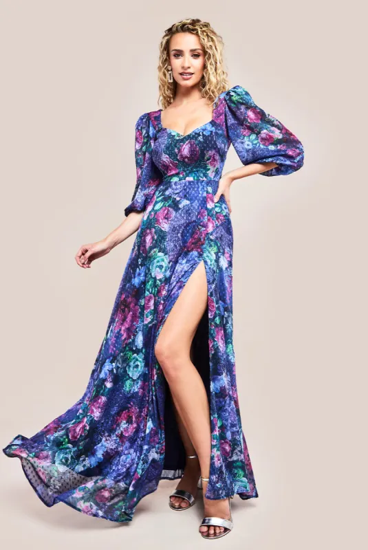 Printed Shirred Back Maxi Dress - Navy by Goddiva sold by Goddiva