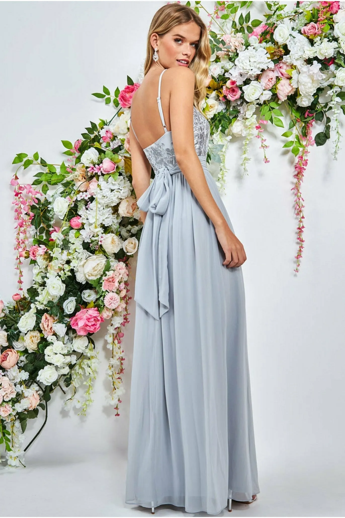 Lace Halter Neck Chiffon Skirt Dress - Grey by Goddiva sold by Goddiva product image thumbnail 2