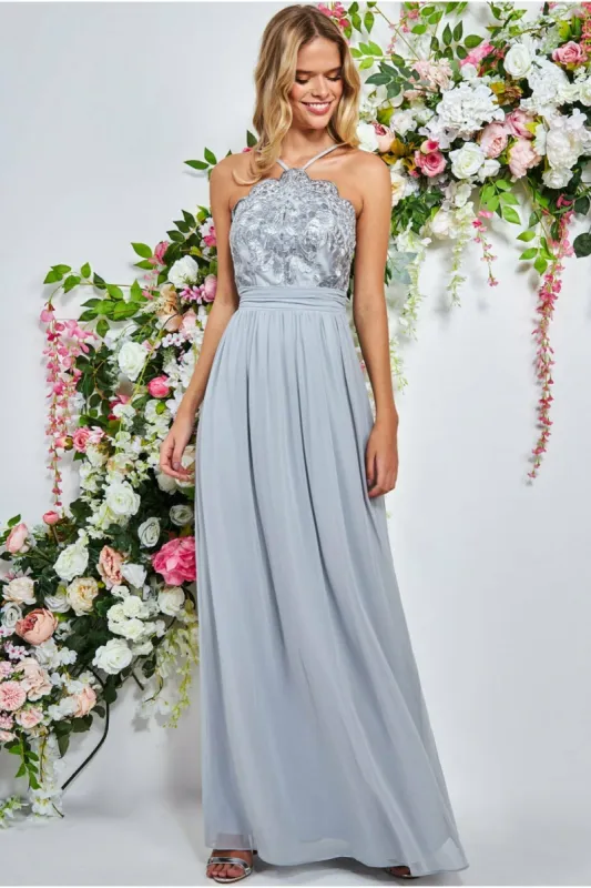 Lace Halter Neck Chiffon Skirt Dress  - Grey by Goddiva sold by Goddiva