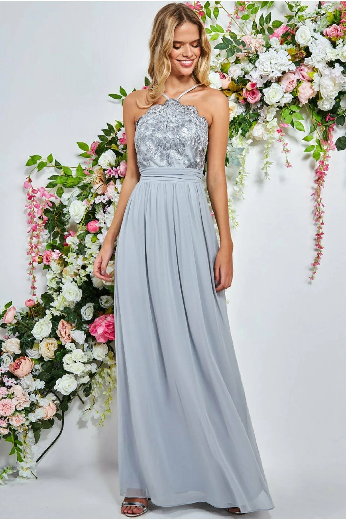 Lace Halter Neck Chiffon Skirt Dress - Grey by Goddiva sold by Goddiva