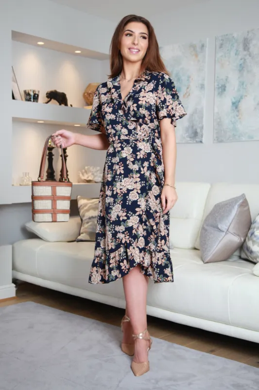Double Second Navy Printed Wrap Frill Front Dress sold by Goddiva