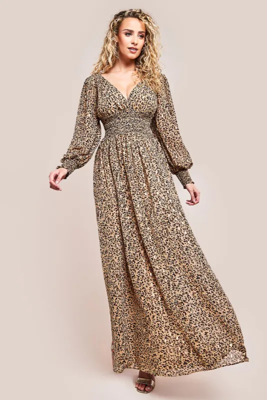 Long Sleeve Maxi Shirred Waistband - Animal Print by Goddiva sold by Goddiva
