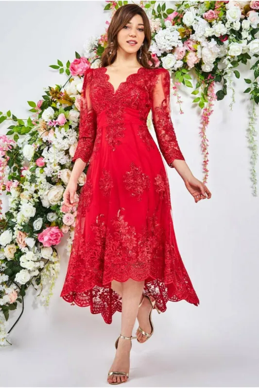 Goddiva Scalloped Lace High Low Midi Dress - Red sold by Goddiva