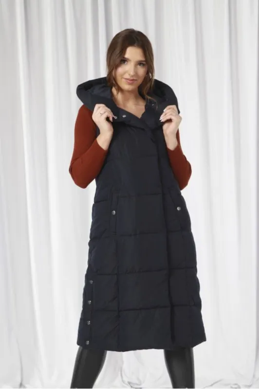 Navy Long Lux Wrap Gilet Puffer by Double Second sold by Goddiva