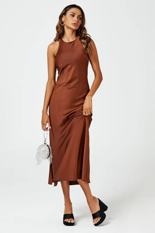 Slim Fit Satin Midi Dress In Brown by FS Collection sold by Goddiva