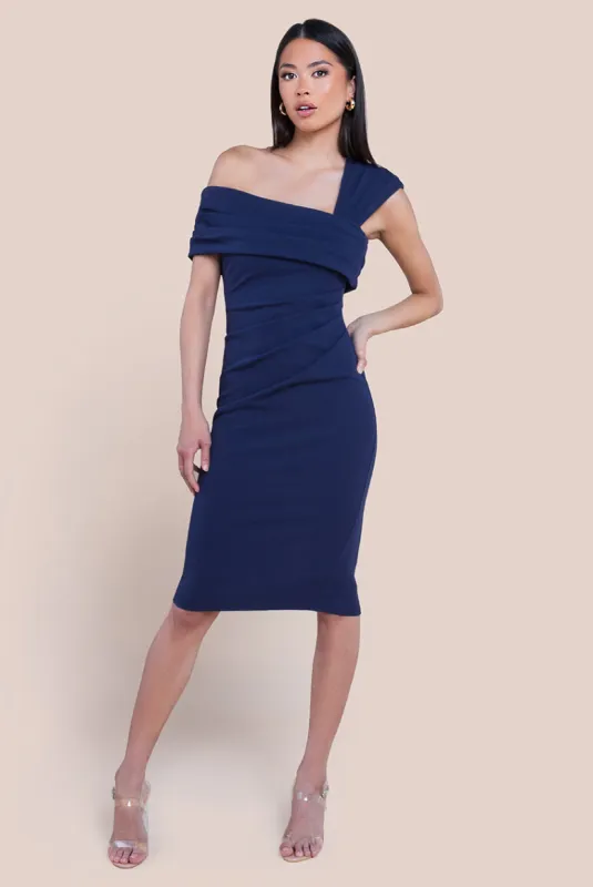 Scuba Crepe Pleated Drop Shoulder Midi Dress - Navy Blue by Goddiva sold by Goddiva