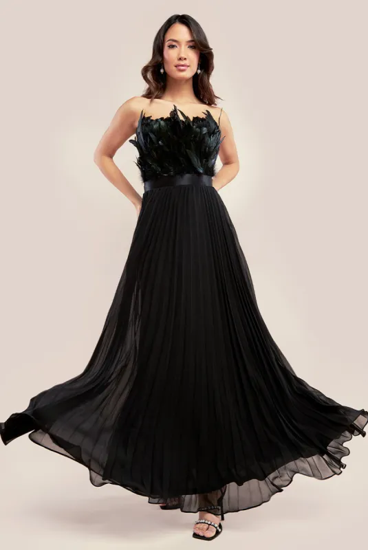 Feather Off The Shoulder Pleated Evening Maxi Dress - Black by Goddiva sold by Goddiva