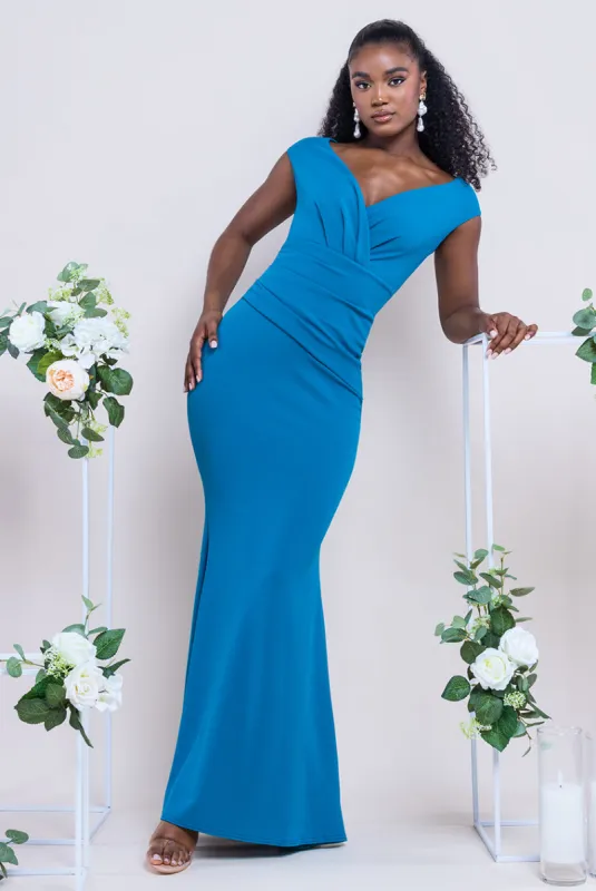 Bardot Pleated Maxi Dress - Teal Blue by Goddiva sold by Goddiva