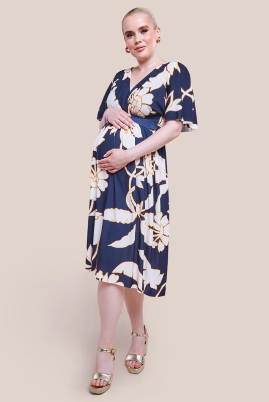 Maternity Leaf Print Flutter Sleeve Midi Dress - Navy by Goddiva sold by Goddiva