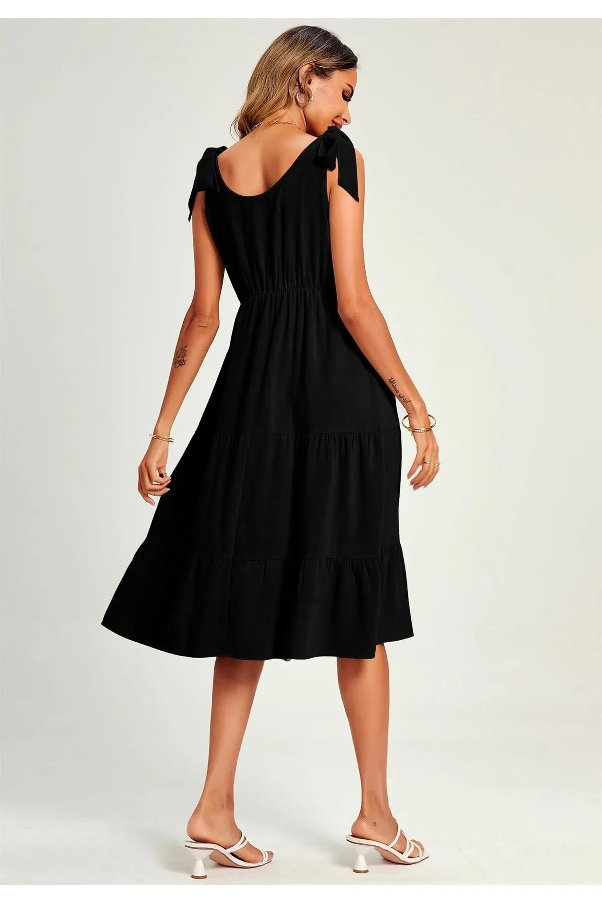 Relaxed Linen Self Tie Shoulder Tiered Midi Dress In Black by FS Collection sold by Goddiva product image thumbnail 3