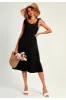 Relaxed Linen Self Tie Shoulder Tiered Midi Dress In Black by FS Collection sold by Goddiva