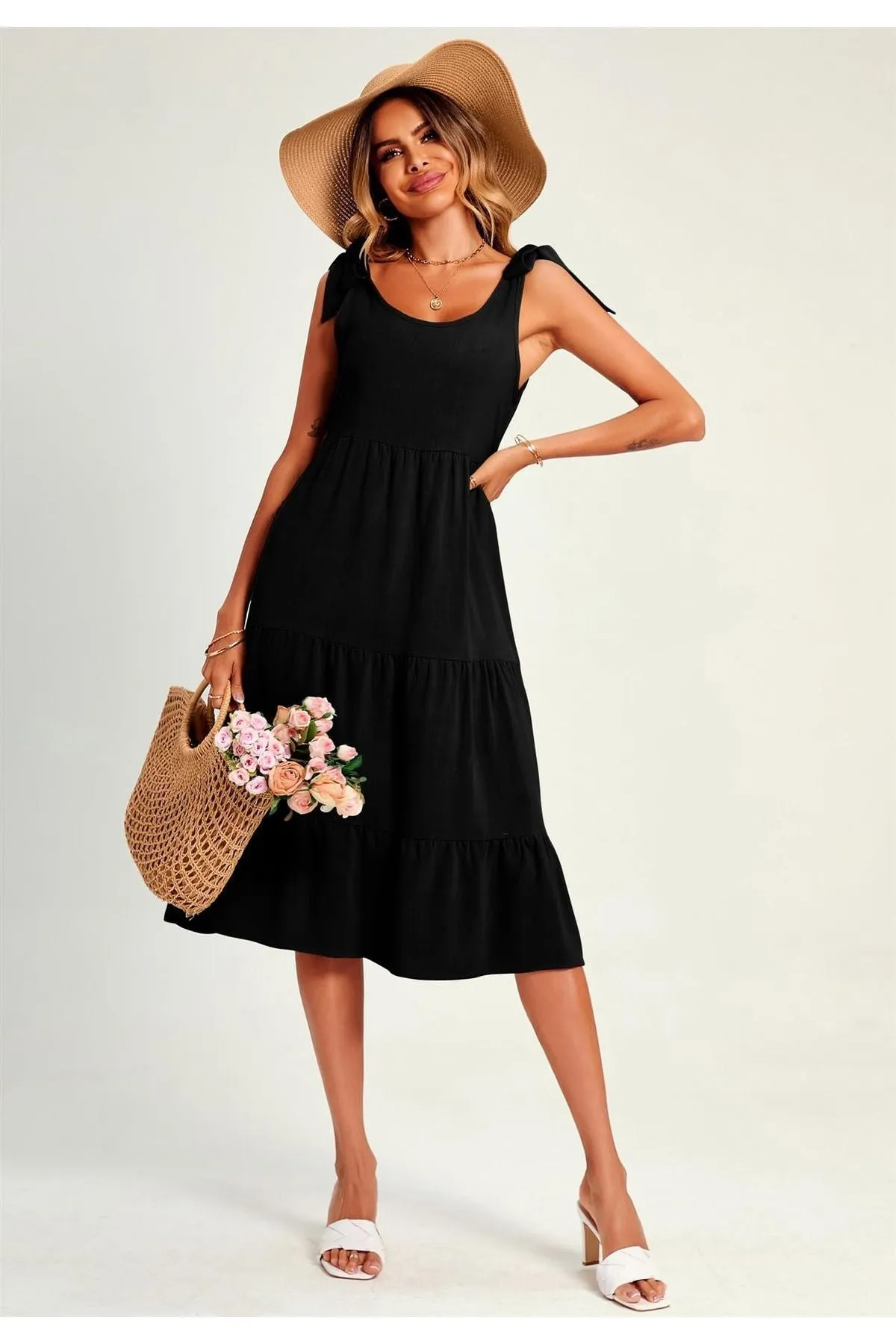 Relaxed Linen Self Tie Shoulder Tiered Midi Dress In Black by FS Collection sold by Goddiva product image thumbnail 4