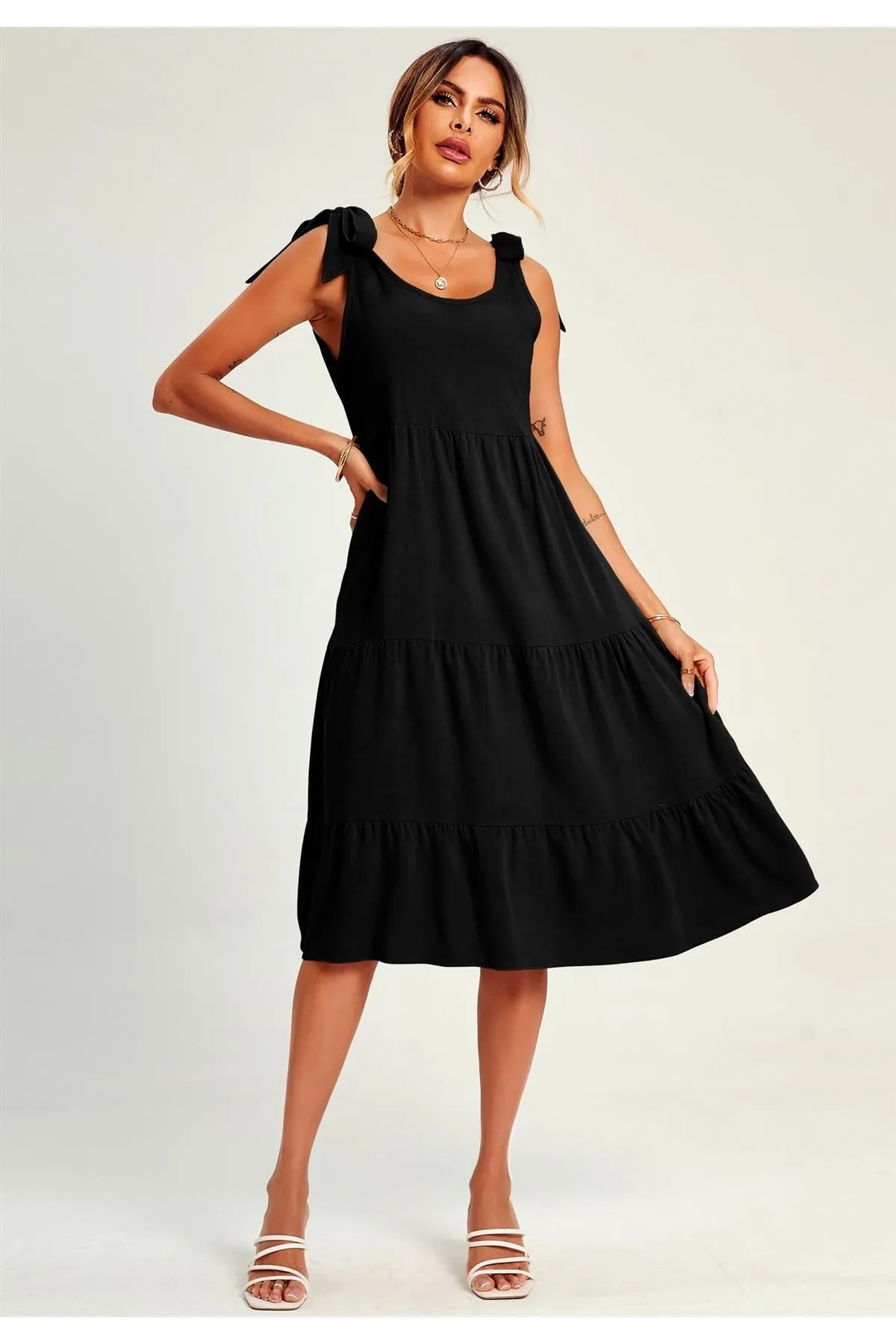 Relaxed Linen Self Tie Shoulder Tiered Midi Dress In Black by FS Collection sold by Goddiva