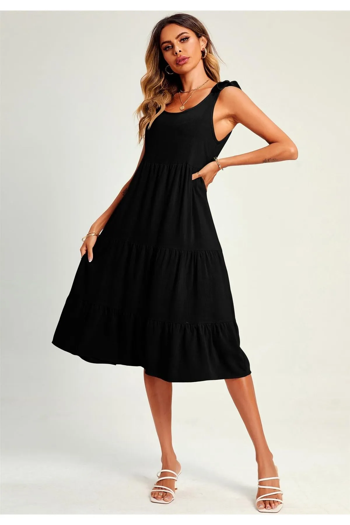 Relaxed Linen Self Tie Shoulder Tiered Midi Dress In Black by FS Collection sold by Goddiva product image thumbnail 2