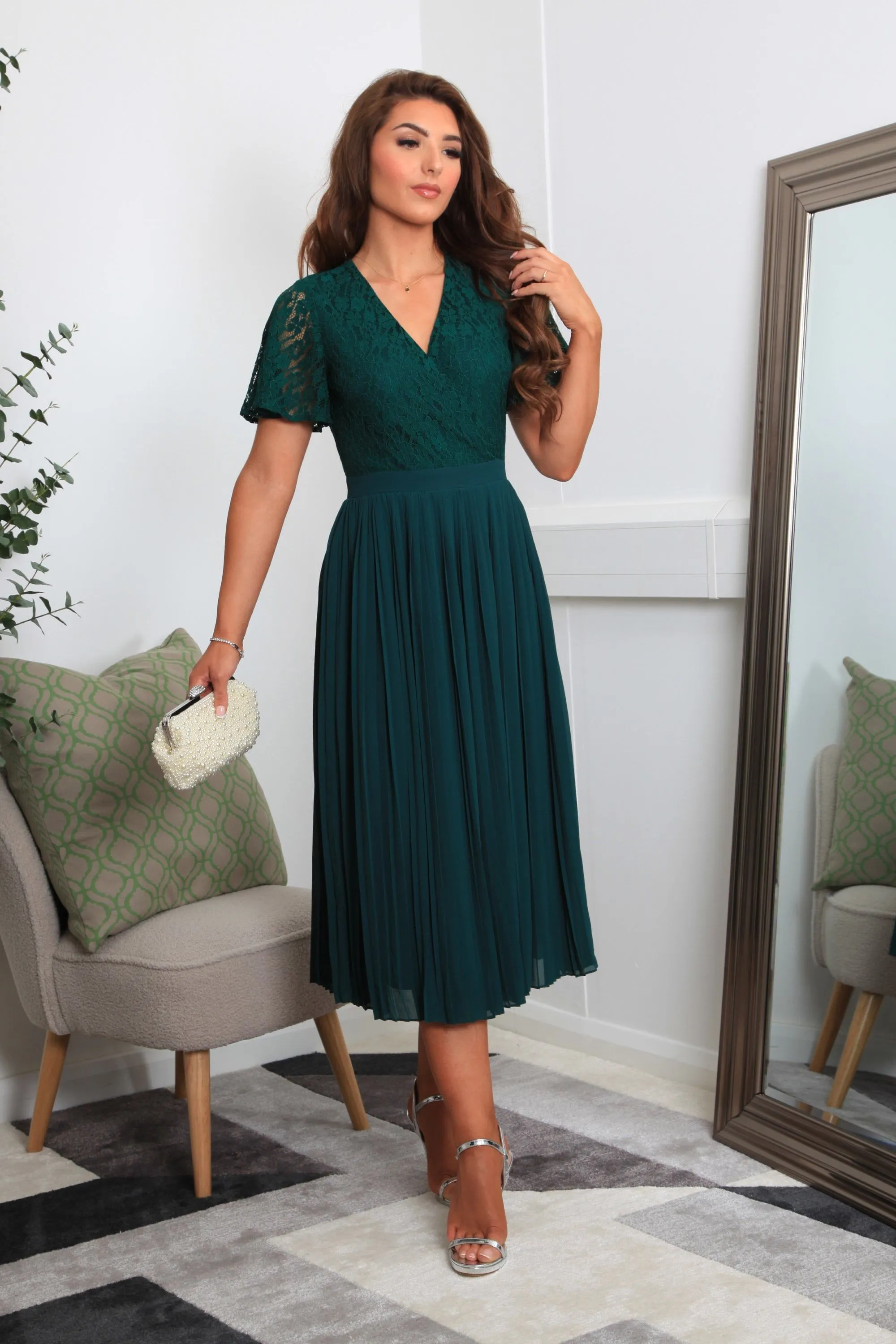 Green Fixed Wrap Lace Pleated Dress by Double Second sold by Goddiva