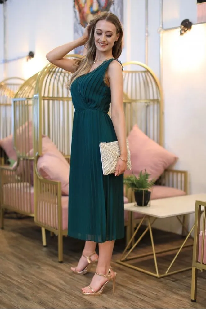 Double Second Dark Green Sleeveless Lace Trim Wrap Front Pleated Chiffon Midi Dress sold by Goddiva product image thumbnail 4