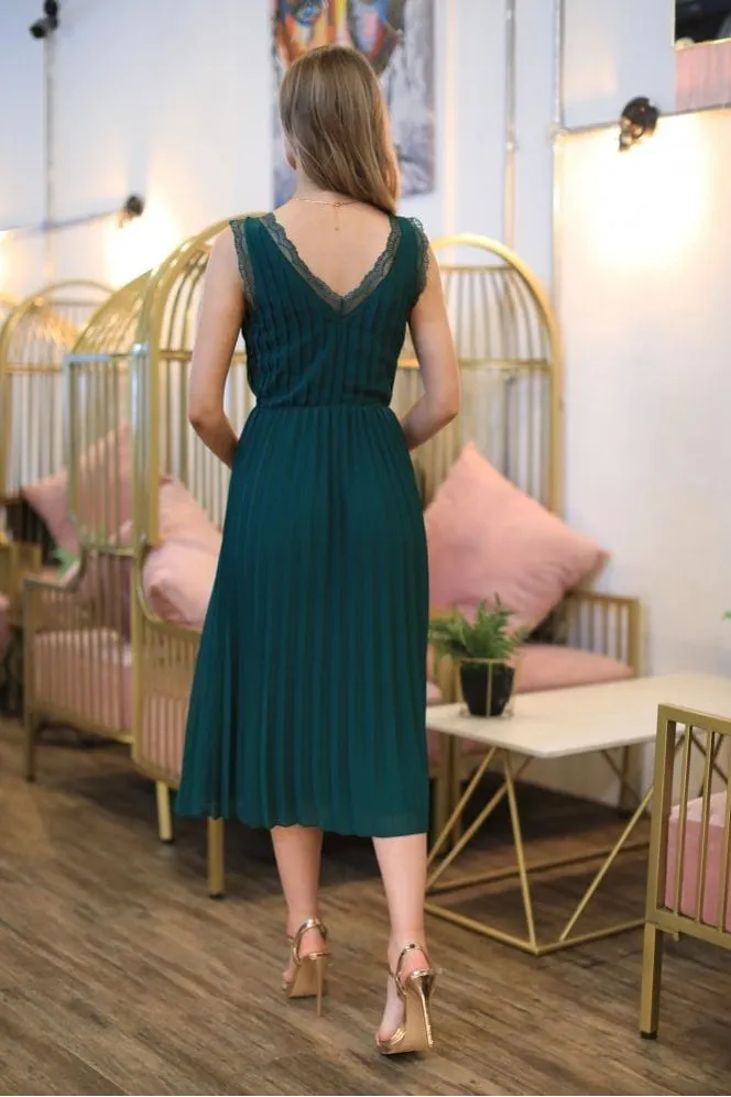 Double Second Dark Green Sleeveless Lace Trim Wrap Front Pleated Chiffon Midi Dress sold by Goddiva product image thumbnail 5
