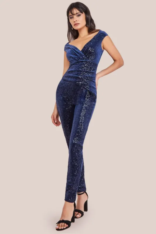 Sequin Velvet Bardot Jumpsuit - Navy by Goddiva sold by Goddiva