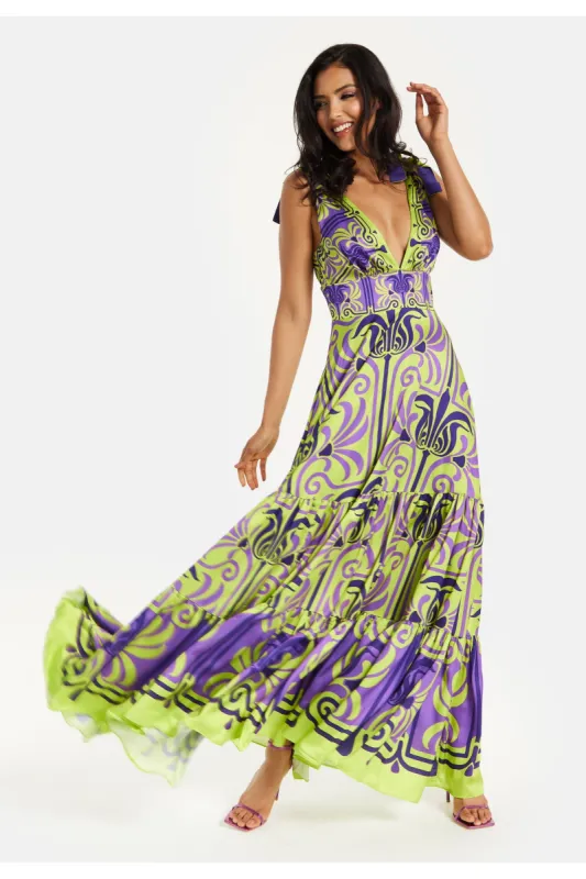 Printed Deep V Neck Maxi Dress by Liquorish sold by Goddiva