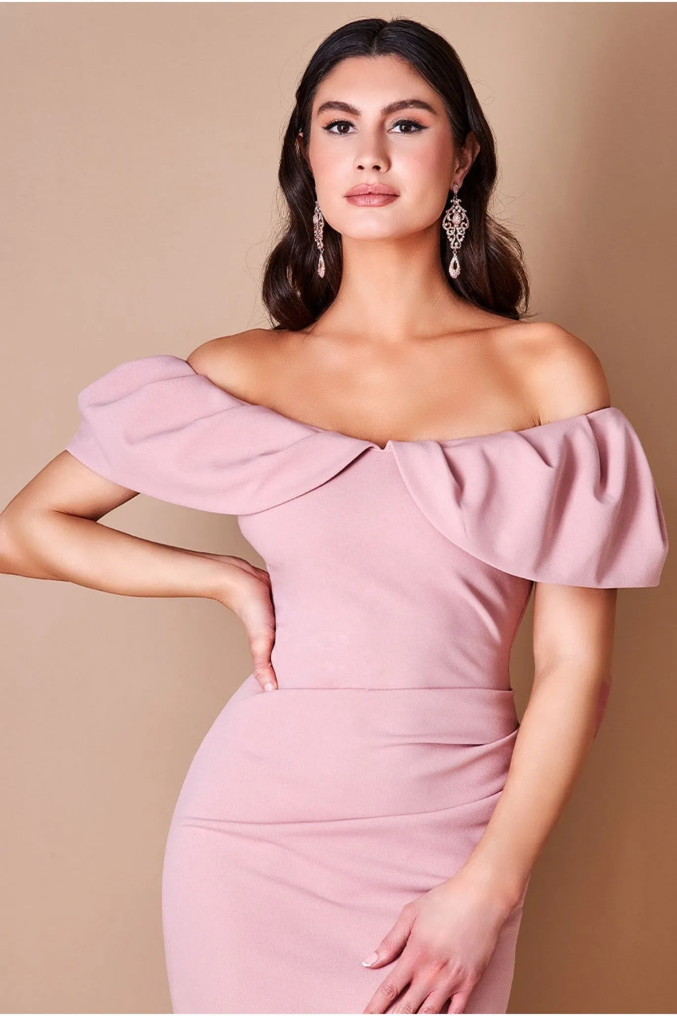 Scuba Crepe Pleated Bardot Midi - Blush by Goddiva sold by Goddiva product image thumbnail 3