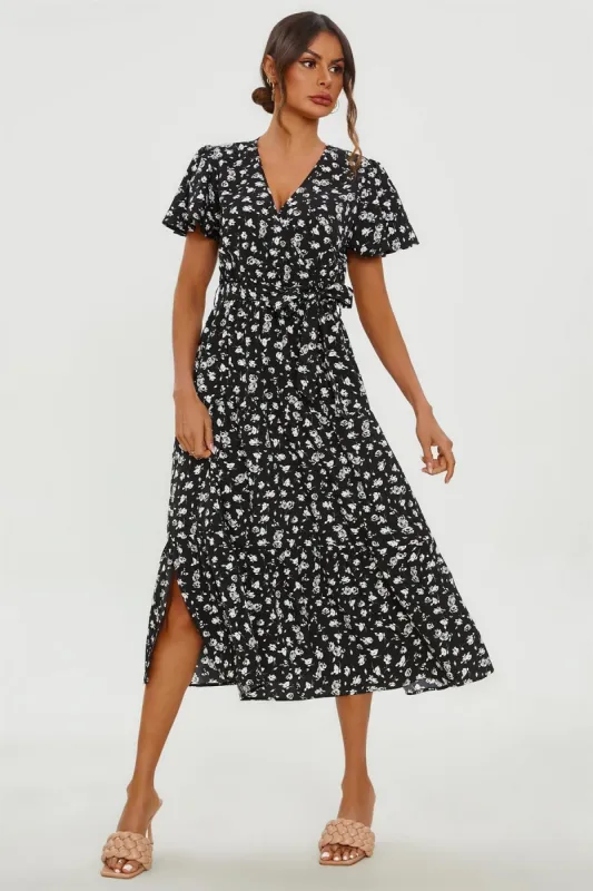 White Floral Print Hem Tiered Wrap Midi Dress In Black by FS Collection made by Goddiva