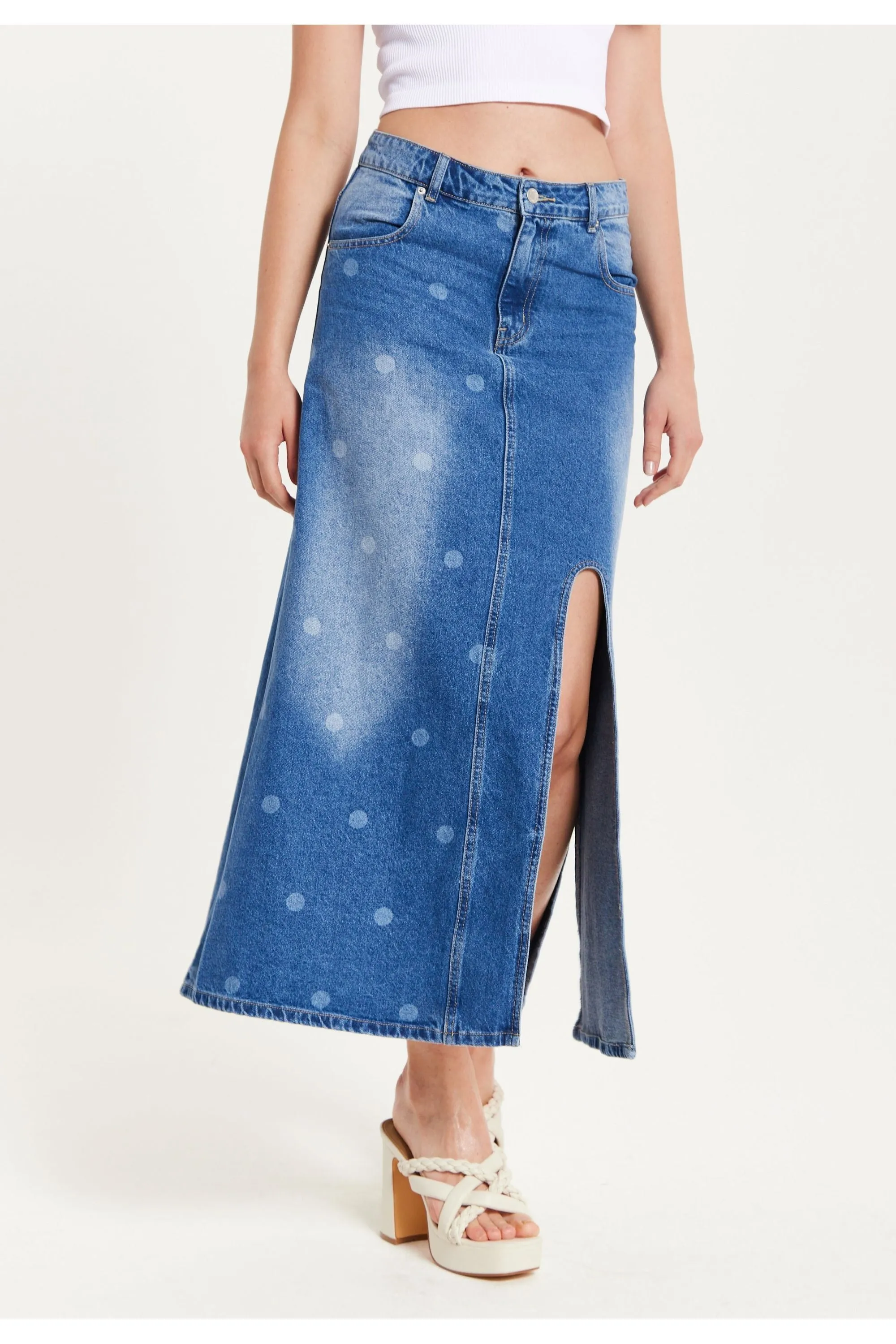 Liquorish Polka Dot Midi Denim Skirt sold by Goddiva product image thumbnail 5
