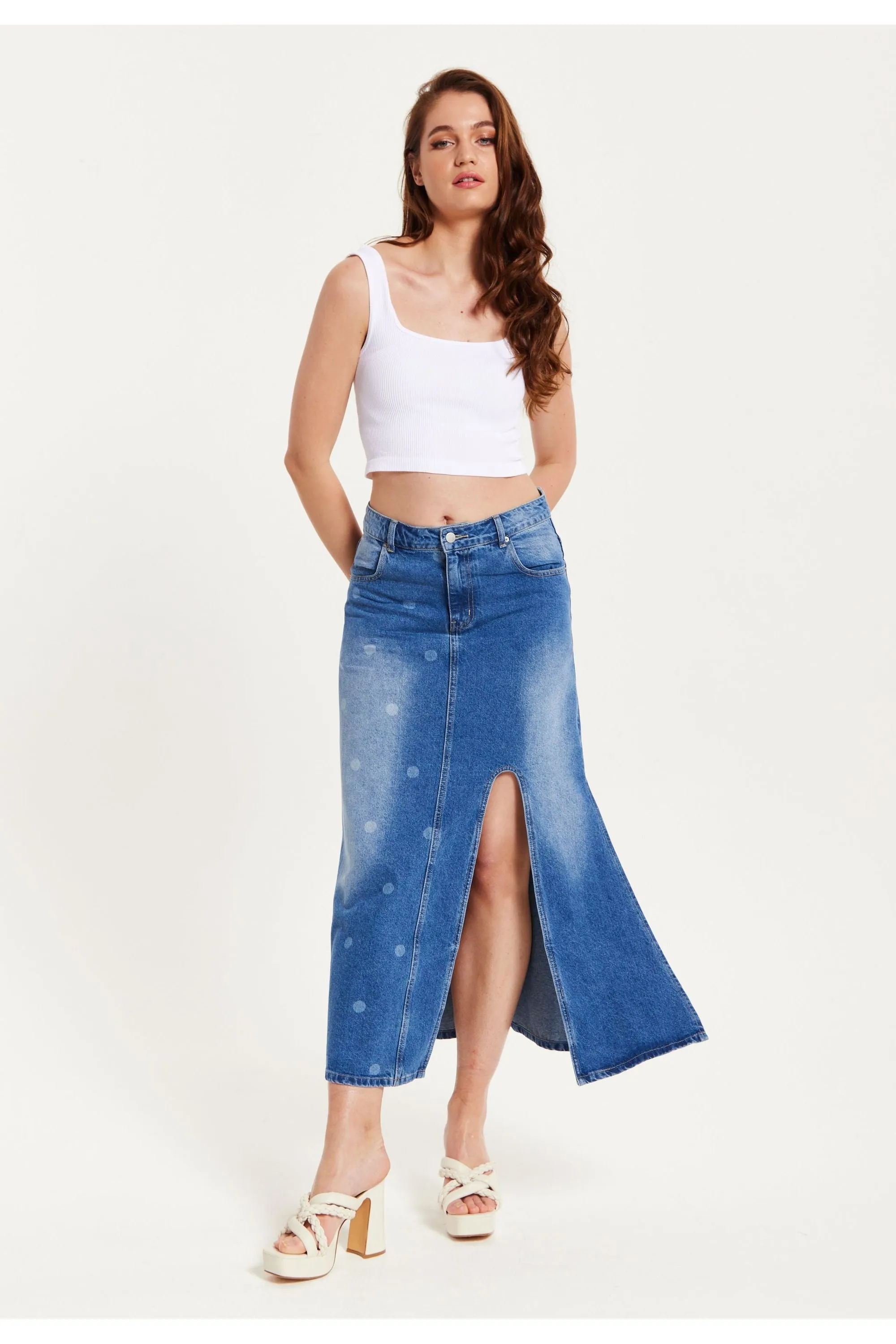 Liquorish Polka Dot Midi Denim Skirt sold by Goddiva product image thumbnail 2