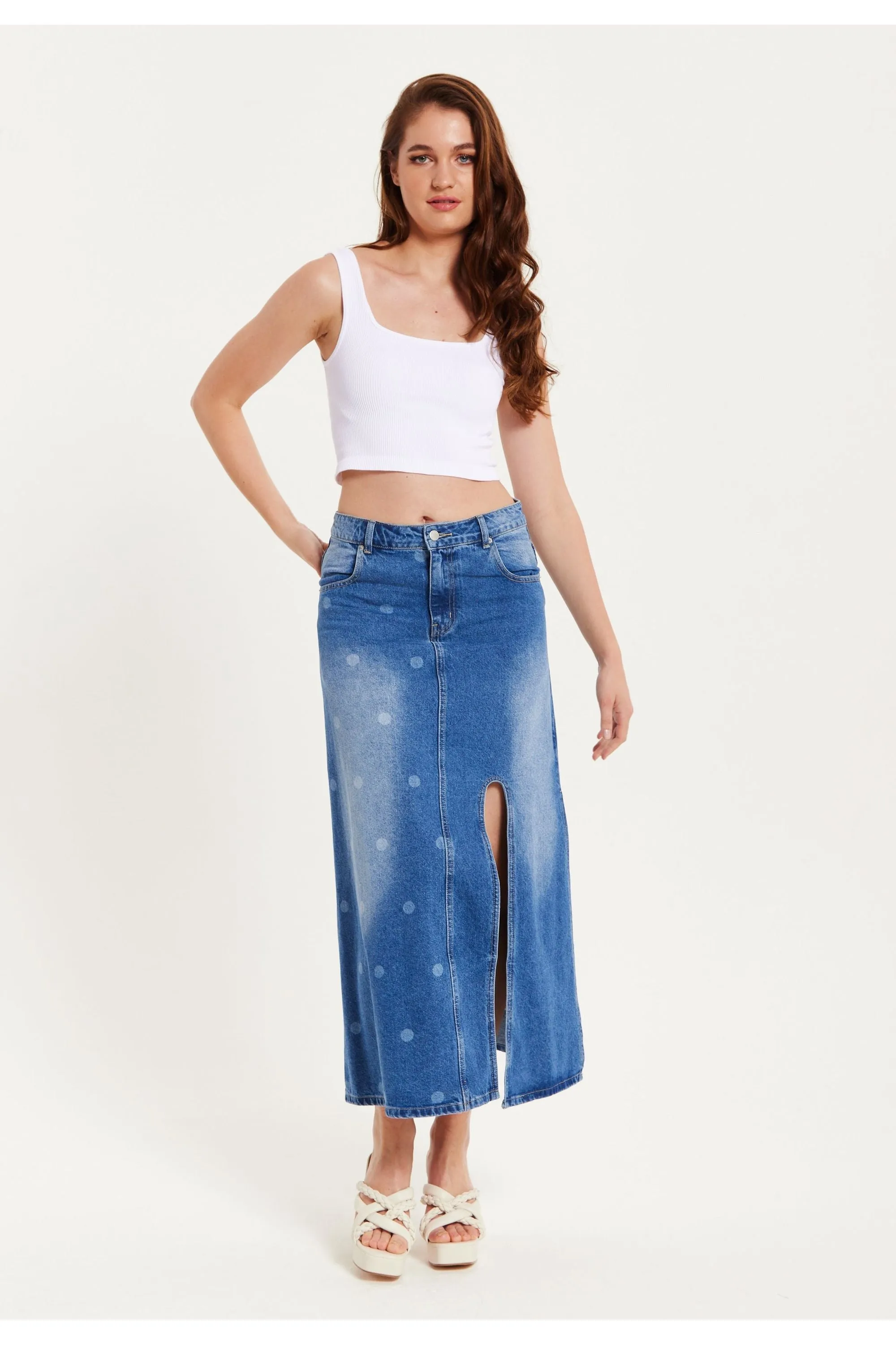 Liquorish Polka Dot Midi Denim Skirt sold by Goddiva product image thumbnail 3