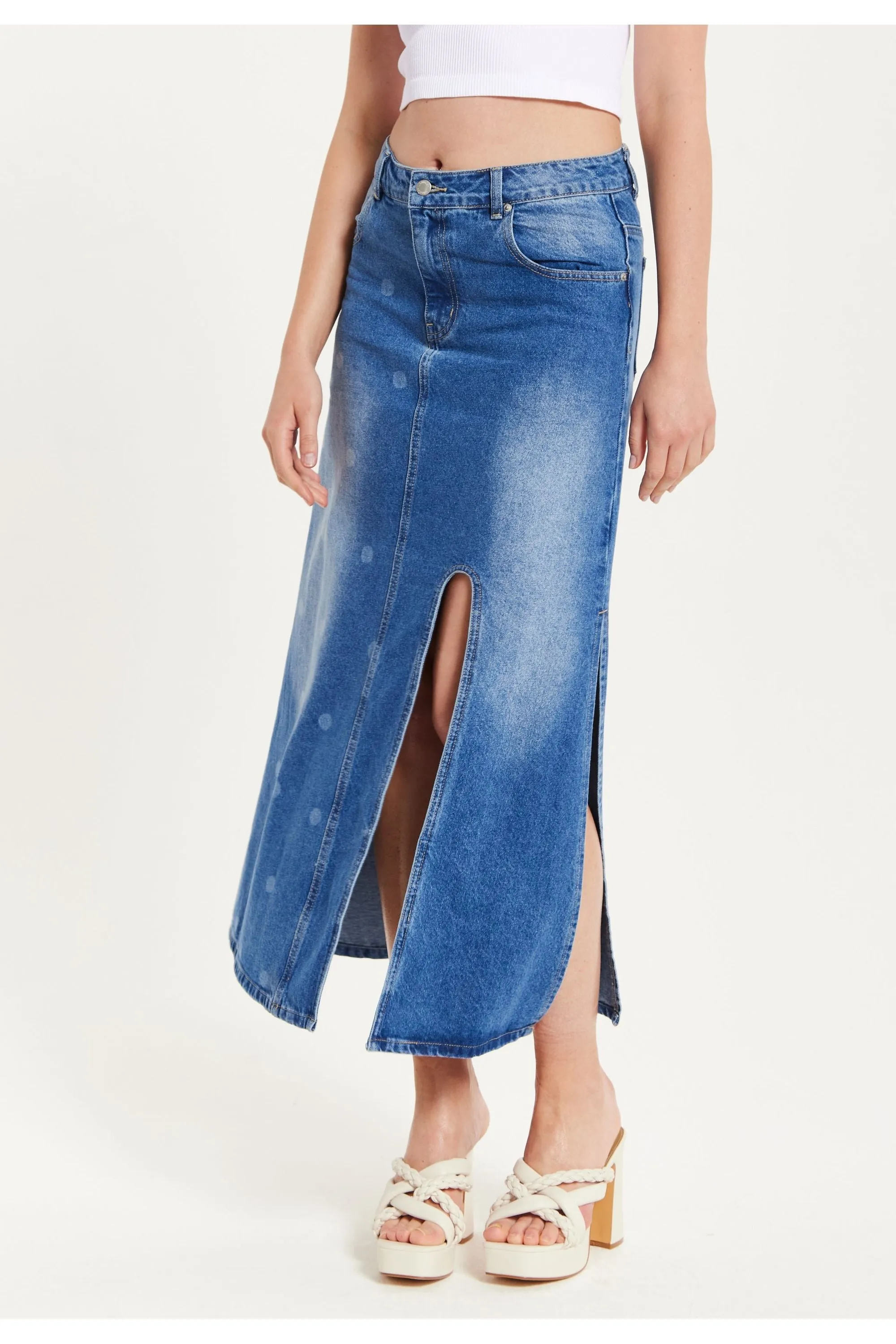 Liquorish Polka Dot Midi Denim Skirt sold by Goddiva product image thumbnail 4