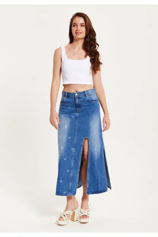 Liquorish Polka Dot Midi Denim Skirt sold by Goddiva