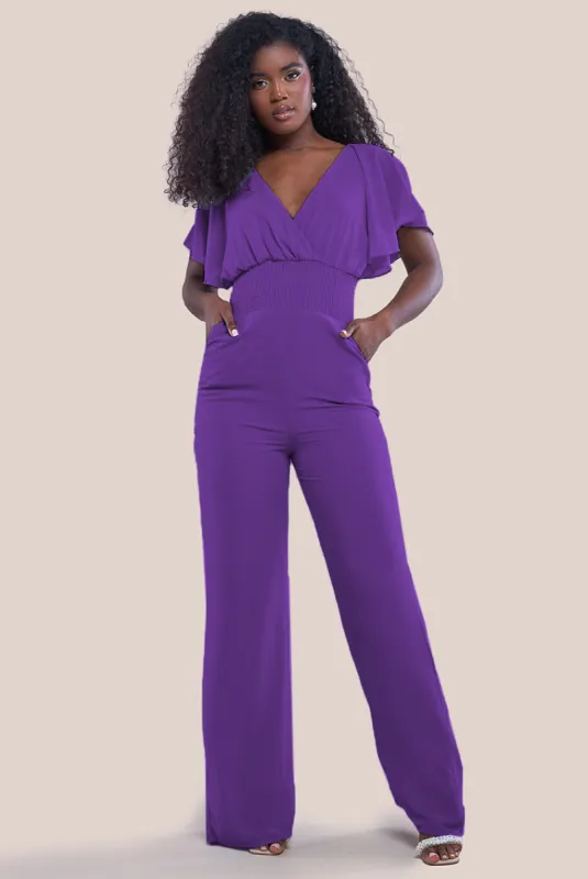Chiffon Jumpsuit With Flutter Sleeves - Purple by Goddiva sold by Goddiva