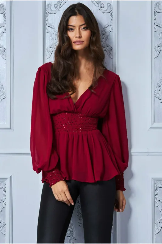 Goddiva Sequin Chiffon Puffy Sleeve Top - Wine made by Goddiva