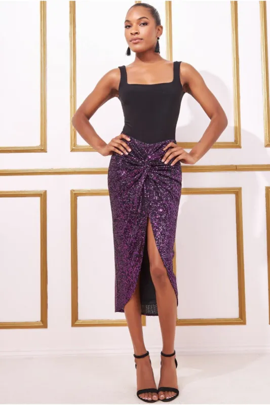 Knot Front Sequin Midi Skirt - Purple by Goddiva sold by Goddiva
