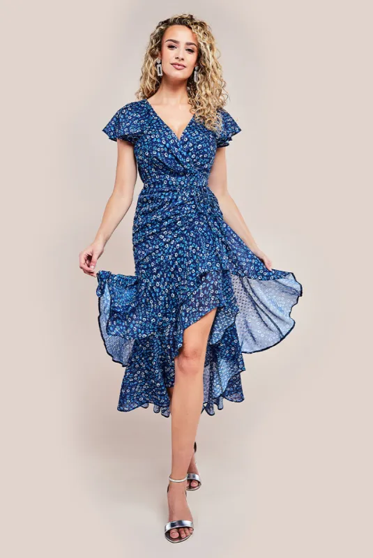 Printed Wrap High And Low Midaxi Dress - Navy by Goddiva sold by Goddiva