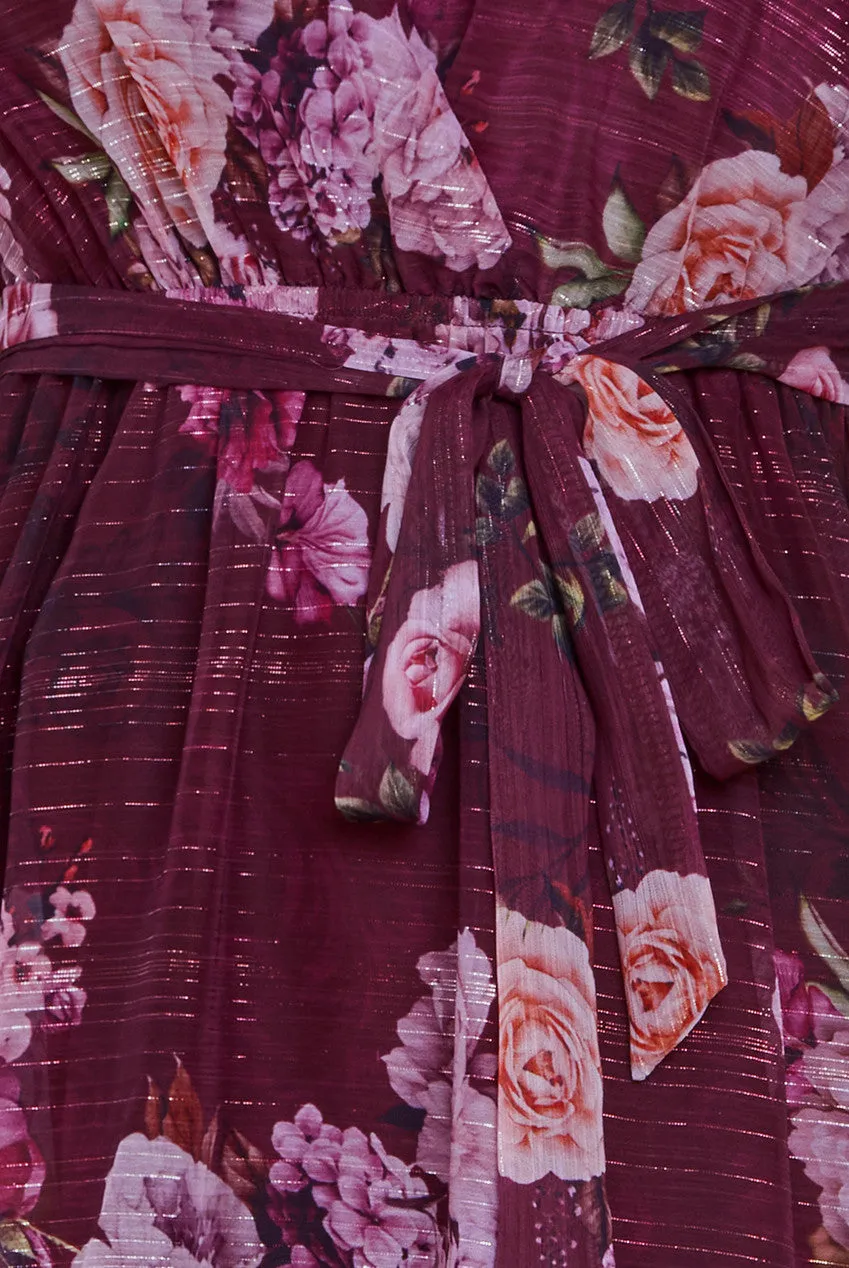 Goddiva Printed Lurex A-Line Flutter Sleeve Midi Dress - Berry sold by Goddiva product image thumbnail 4